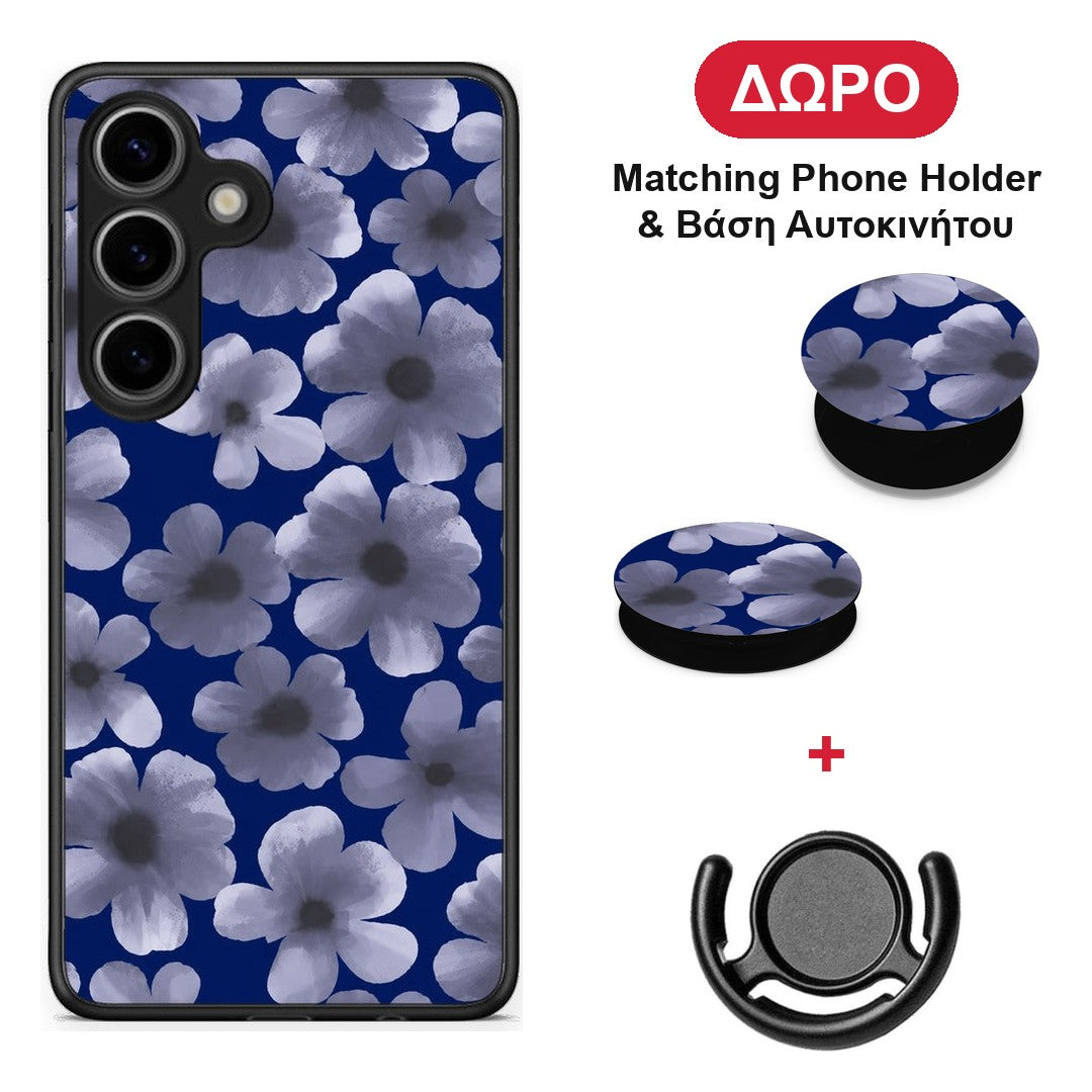 Pale Blue Flowers on Navy - Samsung Galaxy S25 θήκη + Δώρο Phone Holder & Βάση Αυτοκινήτου