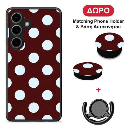Pale Blue Large Polka Dots on Burgundy - Samsung Galaxy S25 θήκη + Δώρο Phone Holder & Βάση Αυτοκινήτου