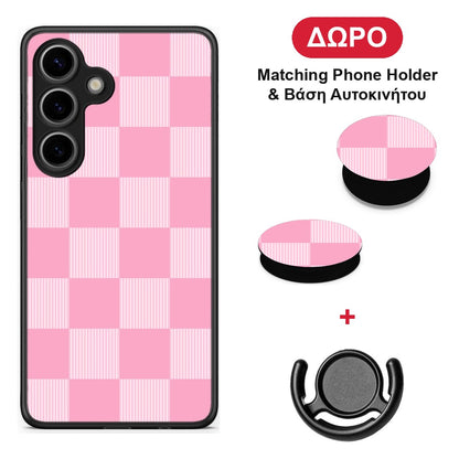 Pink and White Striped Checks - Samsung Galaxy S25 θήκη + Δώρο Phone Holder & Βάση Αυτοκινήτου