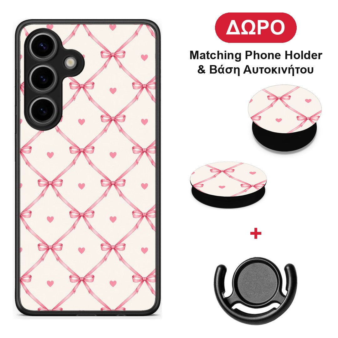 Pink Bow Lattice and Hearts on Cream - Samsung Galaxy S25 θήκη + Δώρο Phone Holder & Βάση Αυτοκινήτου