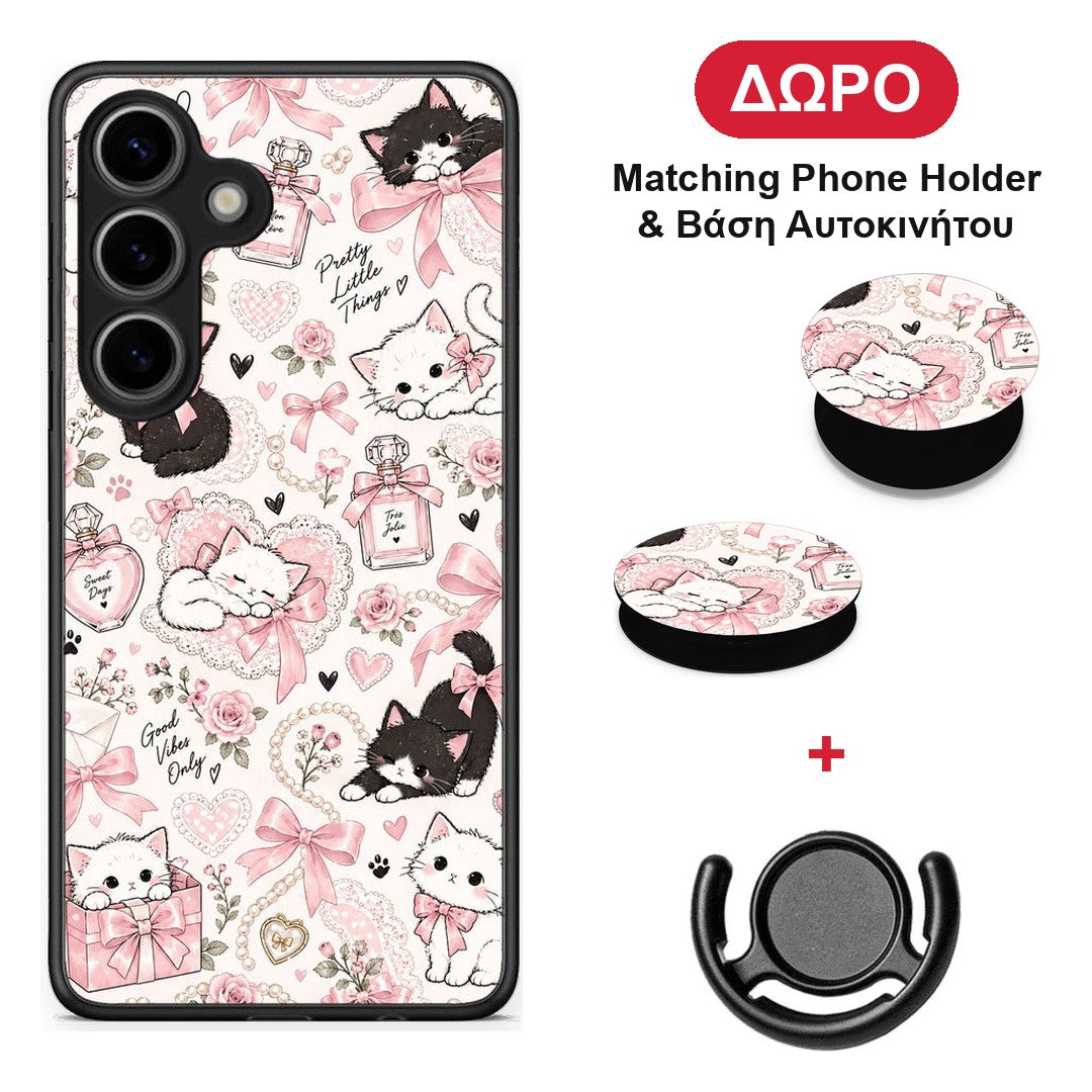 Pink Bows and Kittens Collage - Samsung Galaxy S25 θήκη + Δώρο Phone Holder & Βάση Αυτοκινήτου