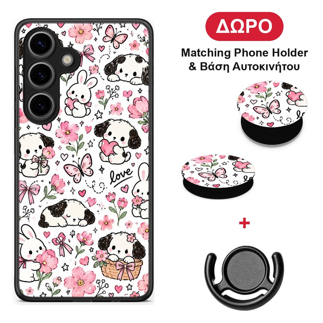 Pink Florals Puppies and Bunnies on White - Samsung Galaxy S25 θήκη + Δώρο Phone Holder & Βάση Αυτοκινήτου