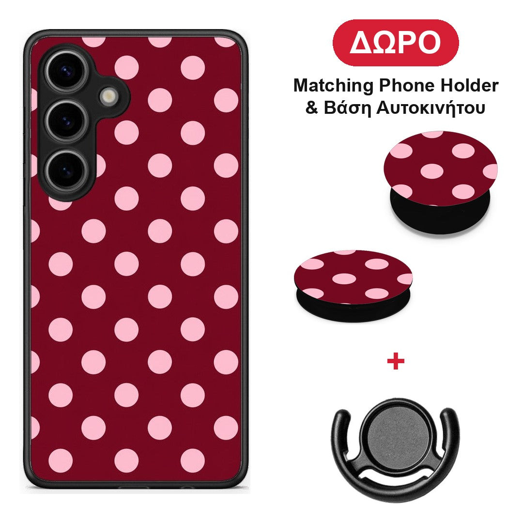 Pink Polka Dots on Burgundy - Samsung Galaxy S25 θήκη + Δώρο Phone Holder & Βάση Αυτοκινήτου