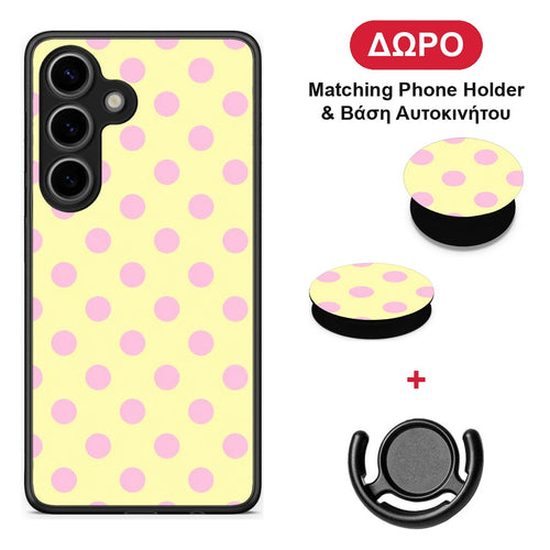 Pink Polka Dots on Yellow - Samsung Galaxy S25 θήκη + Δώρο Phone Holder & Βάση Αυτοκινήτου