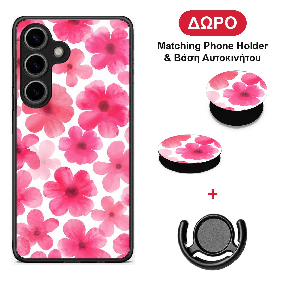 Pink Watercolour Flowers on White - Samsung Galaxy S25 θήκη + Δώρο Phone Holder & Βάση Αυτοκινήτου