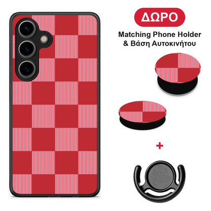 Red and Pink Striped Checks - Samsung Galaxy S25 θήκη + Δώρο Phone Holder & Βάση Αυτοκινήτου
