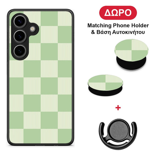 Sage and Cream Striped Checks - Samsung Galaxy S25 θήκη + Δώρο Phone Holder & Βάση Αυτοκινήτου
