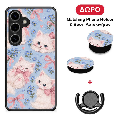 White Kittens and Blue Flowers Large - Samsung Galaxy S25 θήκη + Δώρο Phone Holder & Βάση Αυτοκινήτου