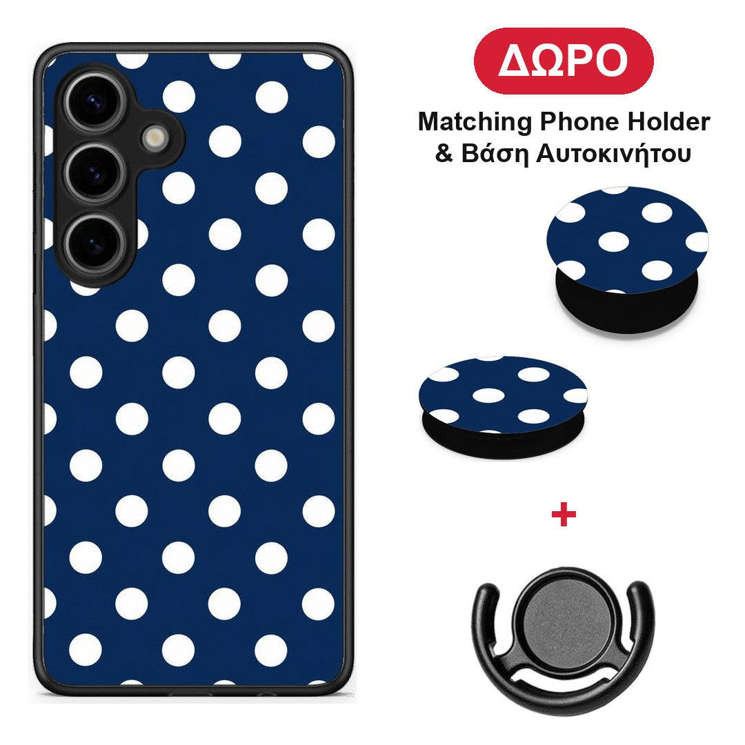 White Large Polka Dots on Navy - Samsung Galaxy S25 θήκη + Δώρο Phone Holder & Βάση Αυτοκινήτου