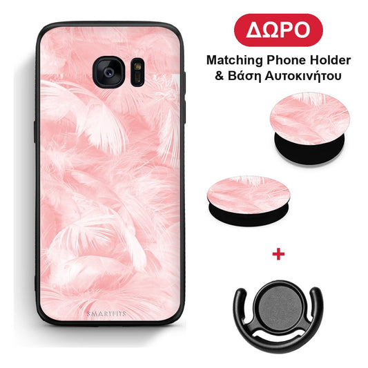 Boho Pink Feather - Samsung Galaxy S7 θήκη + Δώρο Phone Holder & Βάση Αυτοκινήτου