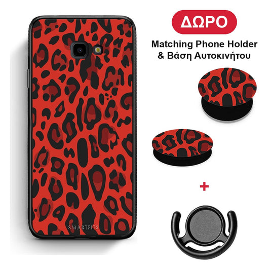 Animal Red Leopard - Samsung Galaxy J4+ θήκη + Δώρο Phone Holder & Βάση Αυτοκινήτου