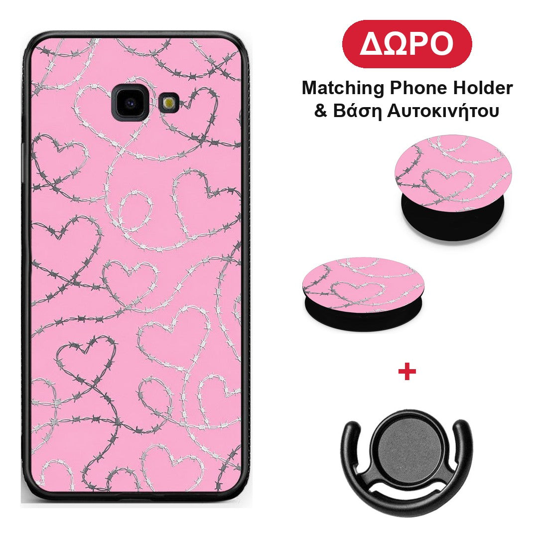 Barbed Wire Hearts on Pink - Samsung Galaxy J4+ θήκη + Δώρο Phone Holder & Βάση Αυτοκινήτου