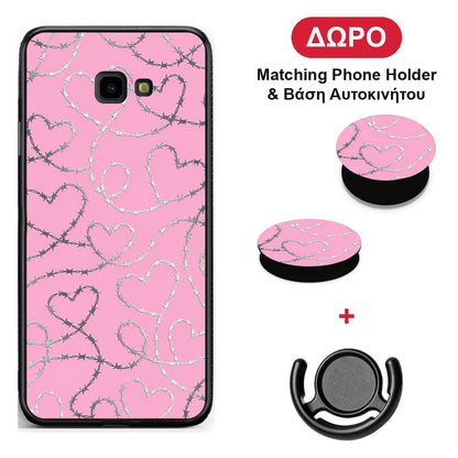 Barbed Wire Hearts on Pink - Samsung Galaxy J4+ θήκη + Δώρο Phone Holder & Βάση Αυτοκινήτου