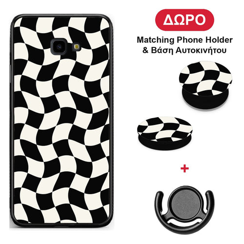 Black and Cream Wavy Checkerboard - Samsung Galaxy J4+ θήκη + Δώρο Phone Holder & Βάση Αυτοκινήτου