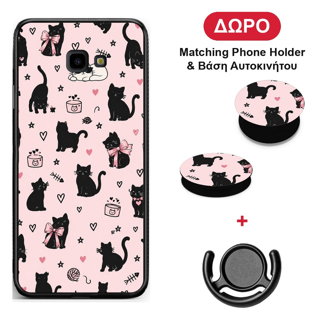 Black Cat Doodles on Pink - Samsung Galaxy J4+ θήκη + Δώρο Phone Holder & Βάση Αυτοκινήτου
