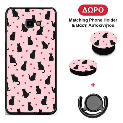 Black Cat Silhouettes and Hearts on Pink - Samsung Galaxy J4+ θήκη + Δώρο Phone Holder & Βάση Αυτοκινήτου