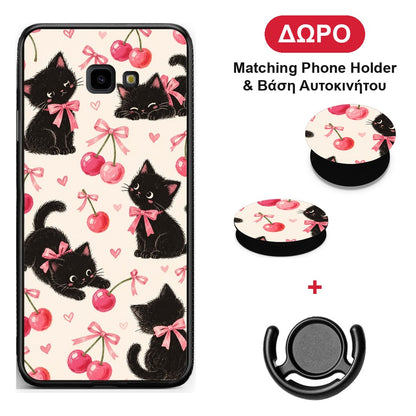 Black Kittens and Cherries on Cream - Samsung Galaxy J4+ θήκη + Δώρο Phone Holder & Βάση Αυτοκινήτου