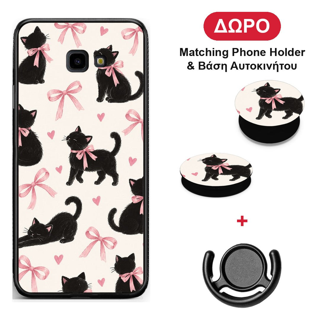 Black Kittens and Pink Bows on Cream Large - Samsung Galaxy J4+ θήκη + Δώρο Phone Holder & Βάση Αυτοκινήτου