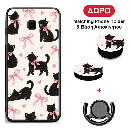 Black Kittens and Pink Bows on Cream Large - Samsung Galaxy J4+ θήκη + Δώρο Phone Holder & Βάση Αυτοκινήτου