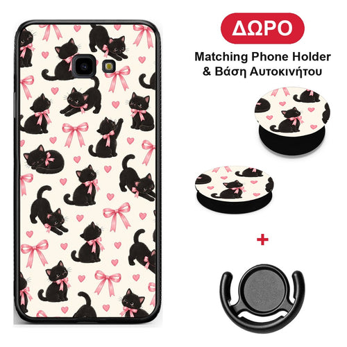 Black Kittens and Pink Bows on Cream Small - Samsung Galaxy J4+ θήκη + Δώρο Phone Holder & Βάση Αυτοκινήτου