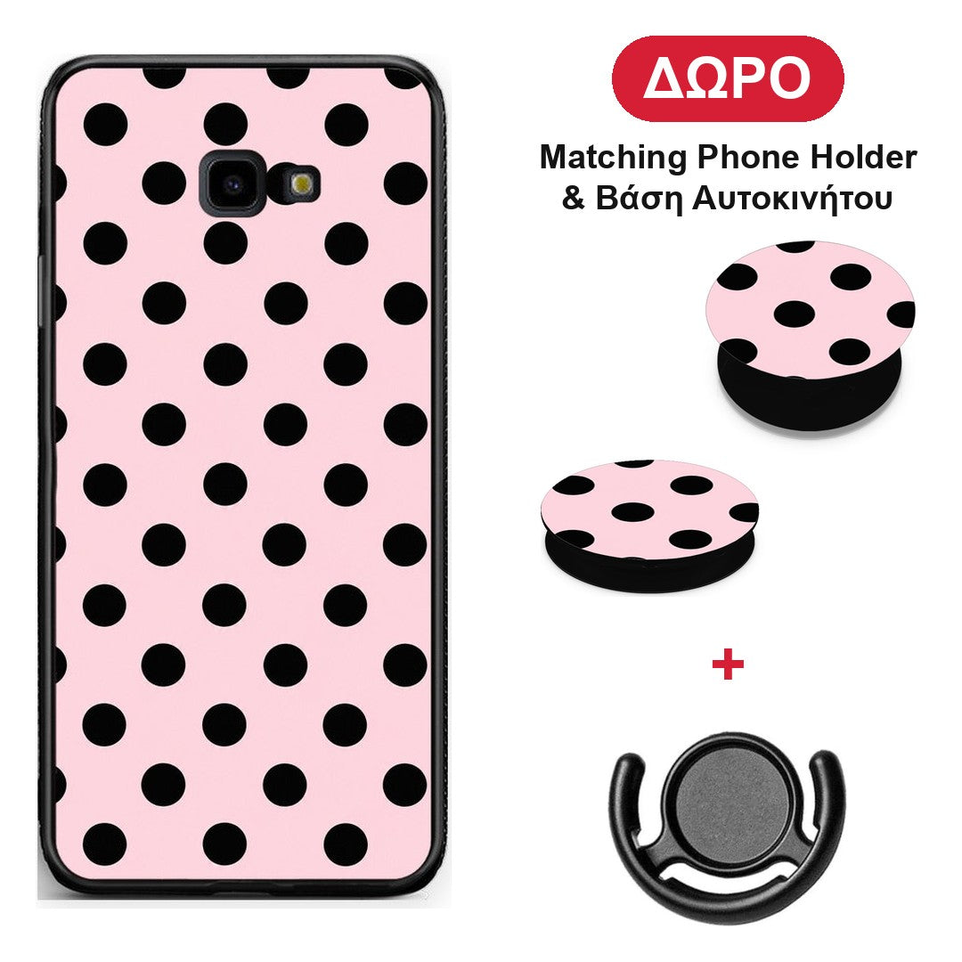 Black Polka Dots on Pink - Samsung Galaxy J4+ θήκη + Δώρο Phone Holder & Βάση Αυτοκινήτου