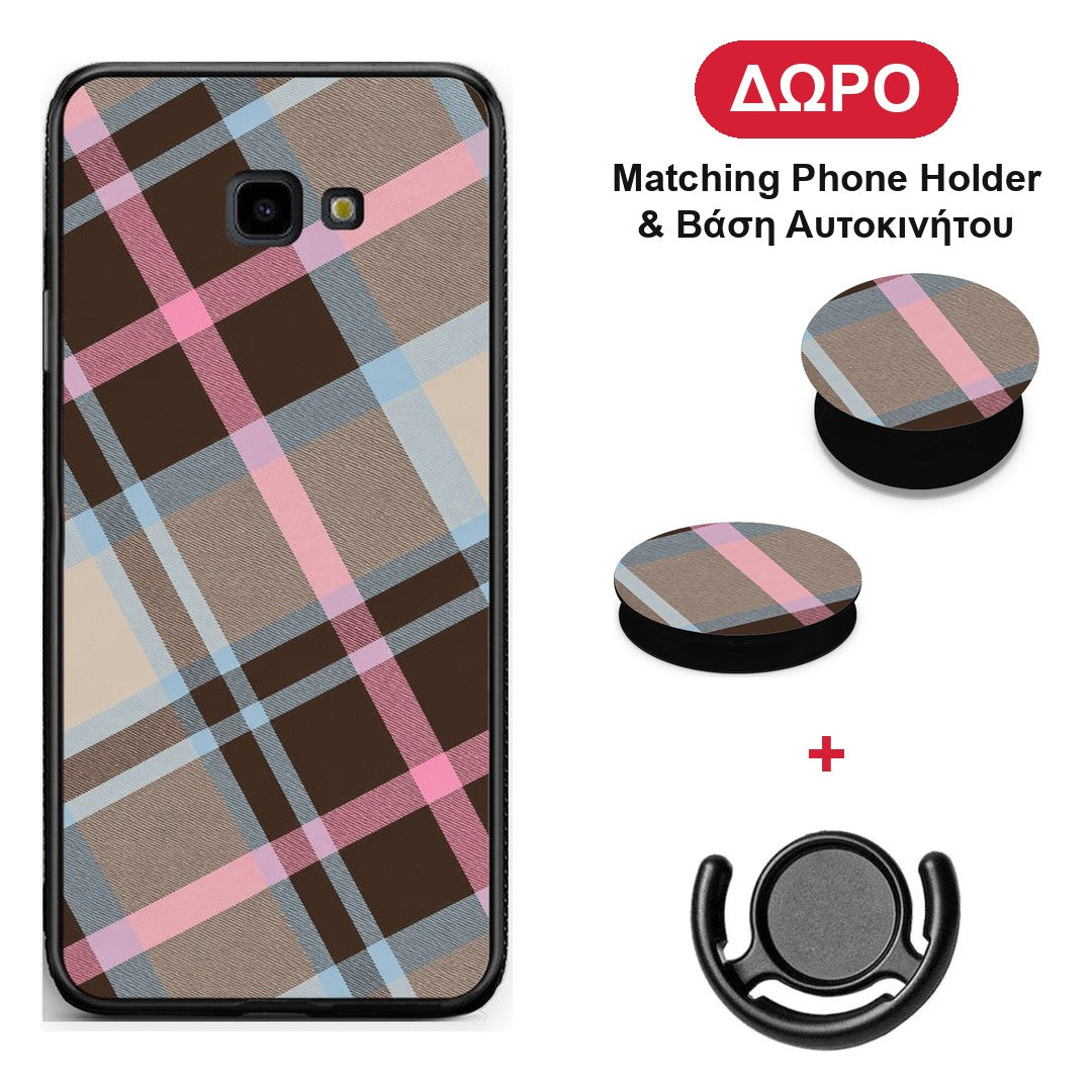 Brown Pink and Blue Diagonal Plaid - Samsung Galaxy J4+ θήκη + Δώρο Phone Holder & Βάση Αυτοκινήτου