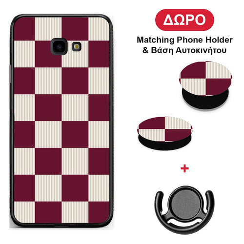 Burgundy and Cream Striped Checks - Samsung Galaxy J4+ θήκη + Δώρο Phone Holder & Βάση Αυτοκινήτου