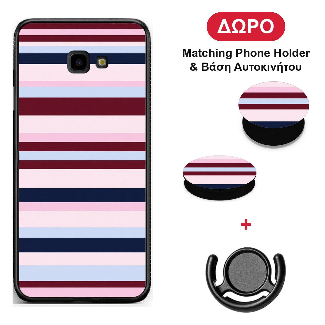 Burgundy Pink and Blue Horizontal Stripes - Samsung Galaxy J4+ θήκη + Δώρο Phone Holder & Βάση Αυτοκινήτου