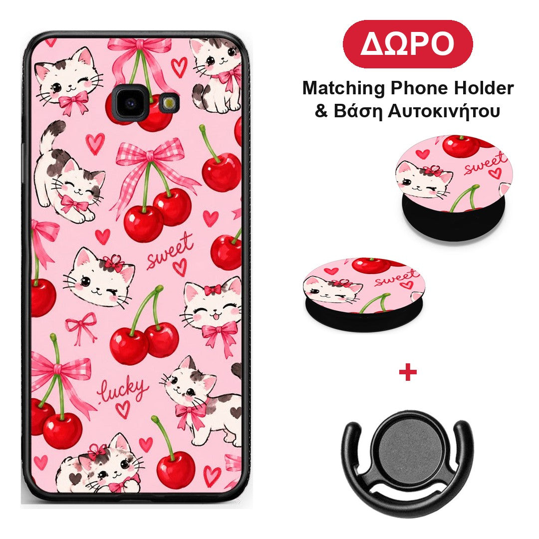 Cherries Bows and Kittens on Pink - Samsung Galaxy J4+ θήκη + Δώρο Phone Holder & Βάση Αυτοκινήτου