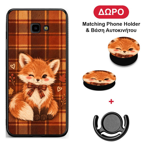 Fox on Autumn Tartan - Samsung Galaxy J4+ θήκη + Δώρο Phone Holder & Βάση Αυτοκινήτου