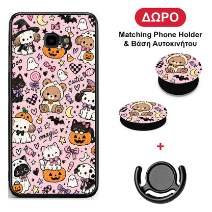 Halloween Cute Animals on Pink - Samsung Galaxy J4+ θήκη + Δώρο Phone Holder & Βάση Αυτοκινήτου