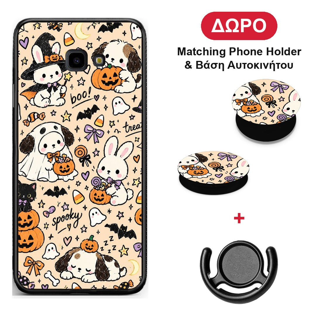 Halloween Puppies and Friends on Cream - Samsung Galaxy J4+ θήκη + Δώρο Phone Holder & Βάση Αυτοκινήτου