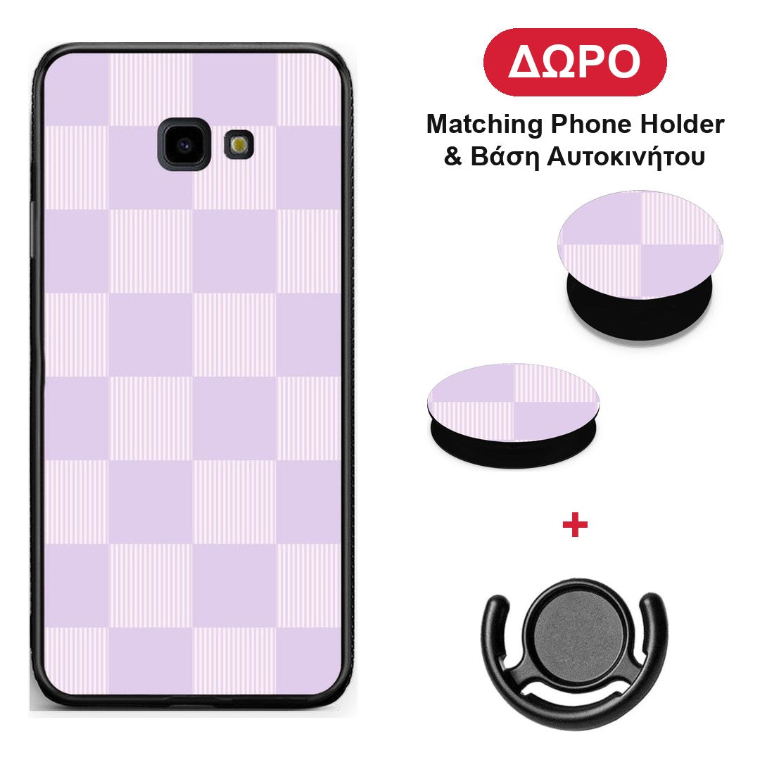 Lilac and Cream Striped Checks - Samsung Galaxy J4+ θήκη + Δώρο Phone Holder & Βάση Αυτοκινήτου
