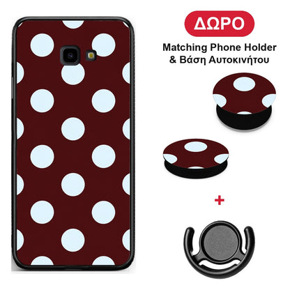 Pale Blue Large Polka Dots on Burgundy - Samsung Galaxy J4+ θήκη + Δώρο Phone Holder & Βάση Αυτοκινήτου