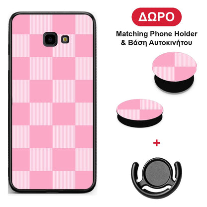Pink and White Striped Checks - Samsung Galaxy J4+ θήκη + Δώρο Phone Holder & Βάση Αυτοκινήτου