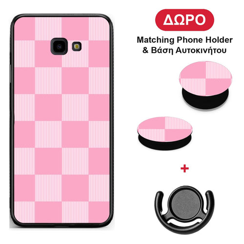 Pink and White Striped Checks - Samsung Galaxy J4+ θήκη + Δώρο Phone Holder & Βάση Αυτοκινήτου