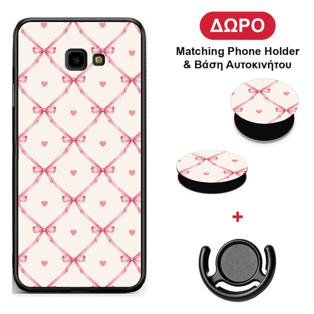 Pink Bow Lattice and Hearts on Cream - Samsung Galaxy J4+ θήκη + Δώρο Phone Holder & Βάση Αυτοκινήτου