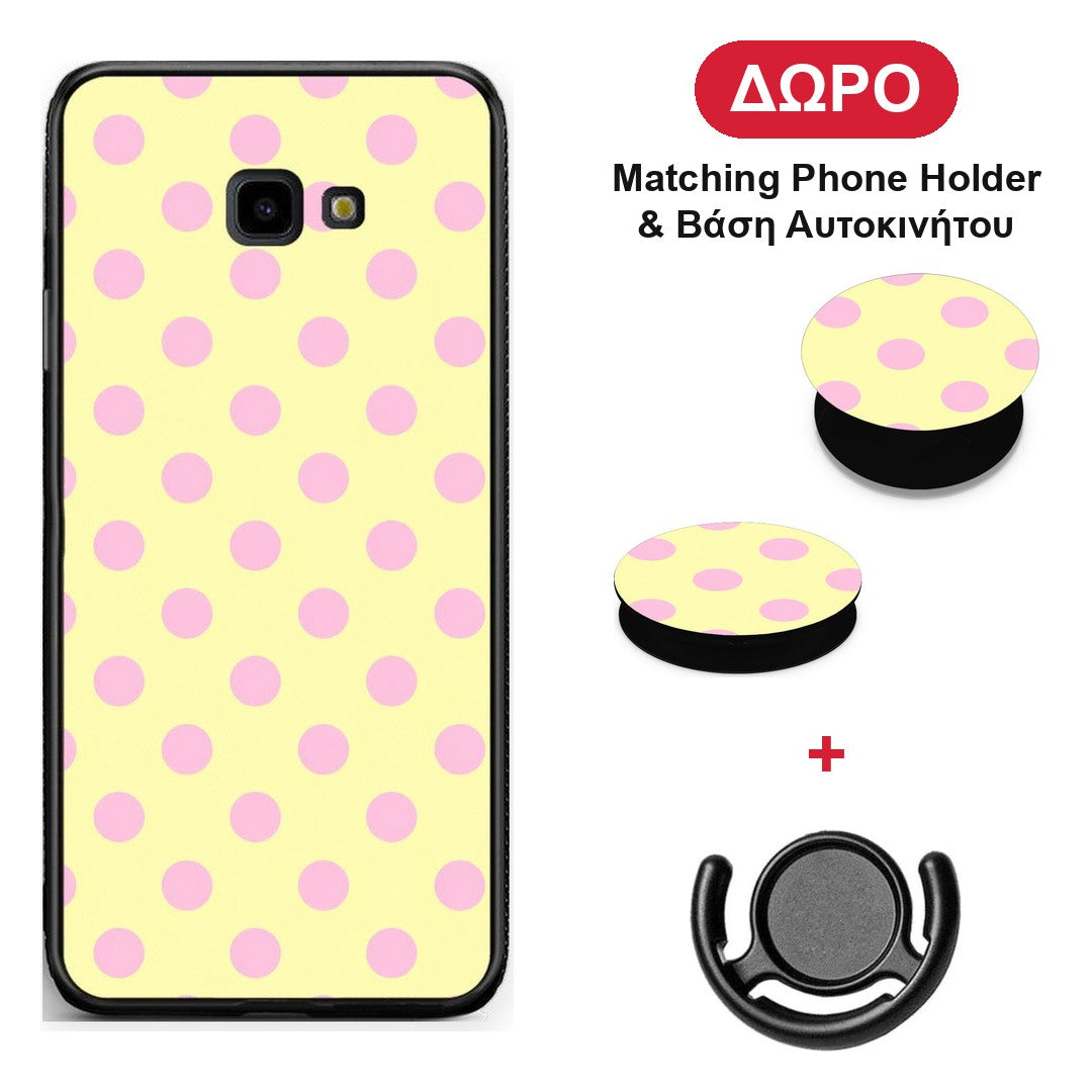Pink Polka Dots on Yellow - Samsung Galaxy J4+ θήκη + Δώρο Phone Holder & Βάση Αυτοκινήτου