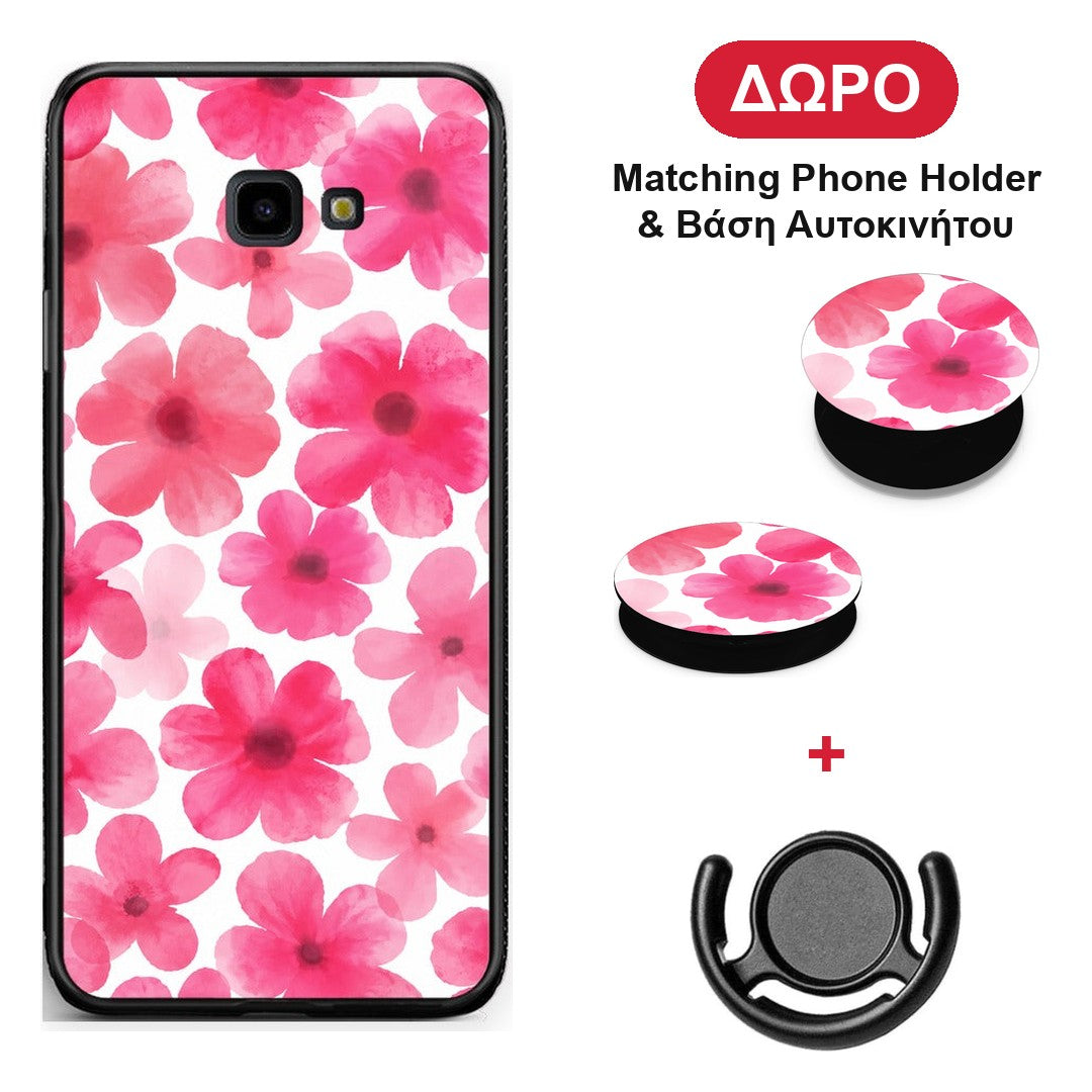 Pink Watercolour Flowers on White - Samsung Galaxy J4+ θήκη + Δώρο Phone Holder & Βάση Αυτοκινήτου
