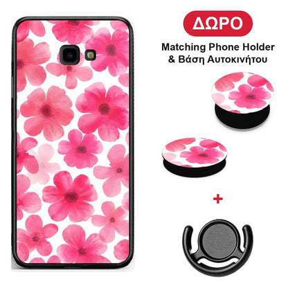 Pink Watercolour Flowers on White - Samsung Galaxy J4+ θήκη + Δώρο Phone Holder & Βάση Αυτοκινήτου