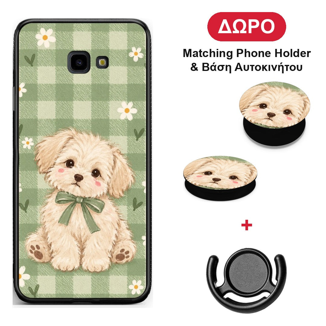 Puppy and Daisies on Sage Gingham - Samsung Galaxy J4+ θήκη + Δώρο Phone Holder & Βάση Αυτοκινήτου