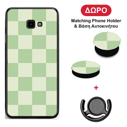 Sage and Cream Striped Checks - Samsung Galaxy J4+ θήκη + Δώρο Phone Holder & Βάση Αυτοκινήτου