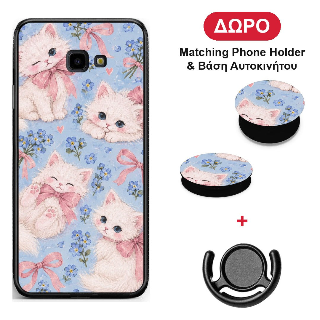 White Kittens and Blue Flowers Large - Samsung Galaxy J4+ θήκη + Δώρο Phone Holder & Βάση Αυτοκινήτου