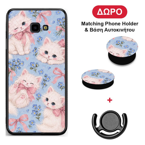White Kittens and Blue Flowers Large - Samsung Galaxy J4+ θήκη + Δώρο Phone Holder & Βάση Αυτοκινήτου