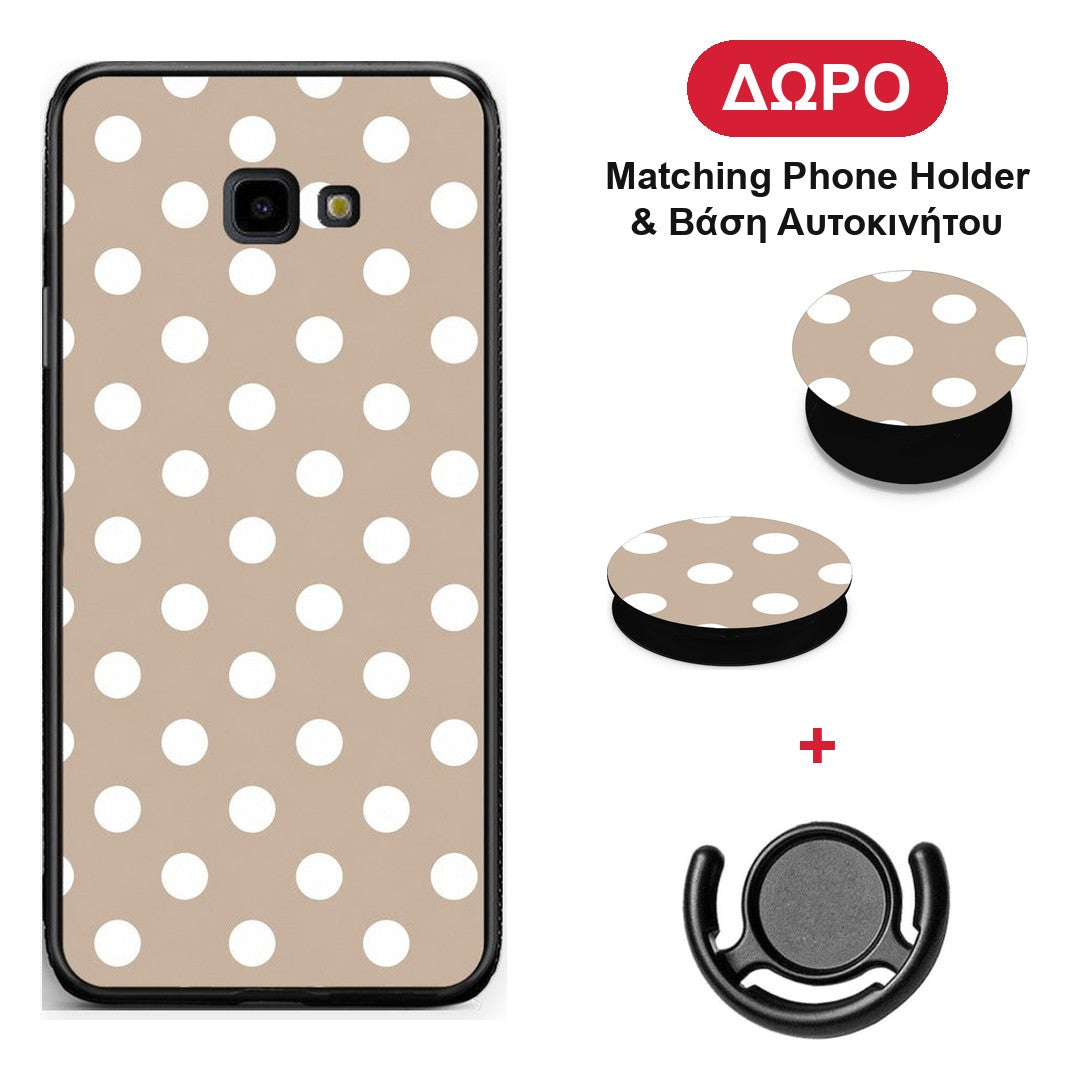 White Polka Dots on Taupe - Samsung Galaxy J4+ θήκη + Δώρο Phone Holder & Βάση Αυτοκινήτου