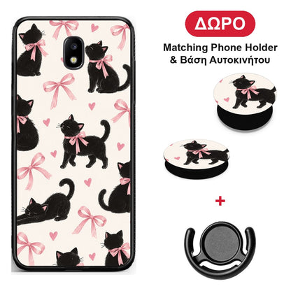 Black Kittens and Pink Bows on Cream Large - Samsung Galaxy J5 2017 θήκη + Δώρο Phone Holder & Βάση Αυτοκινήτου