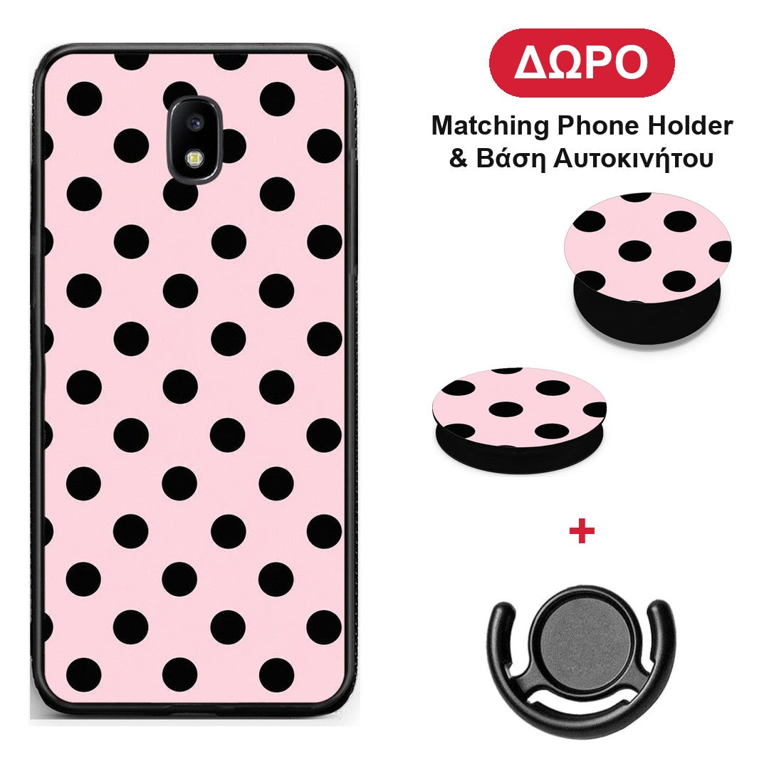 Black Polka Dots on Pink - Samsung Galaxy J5 2017 θήκη + Δώρο Phone Holder & Βάση Αυτοκινήτου