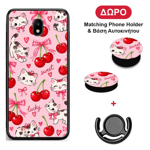 Cherries Bows and Kittens on Pink - Samsung Galaxy J5 2017 θήκη + Δώρο Phone Holder & Βάση Αυτοκινήτου