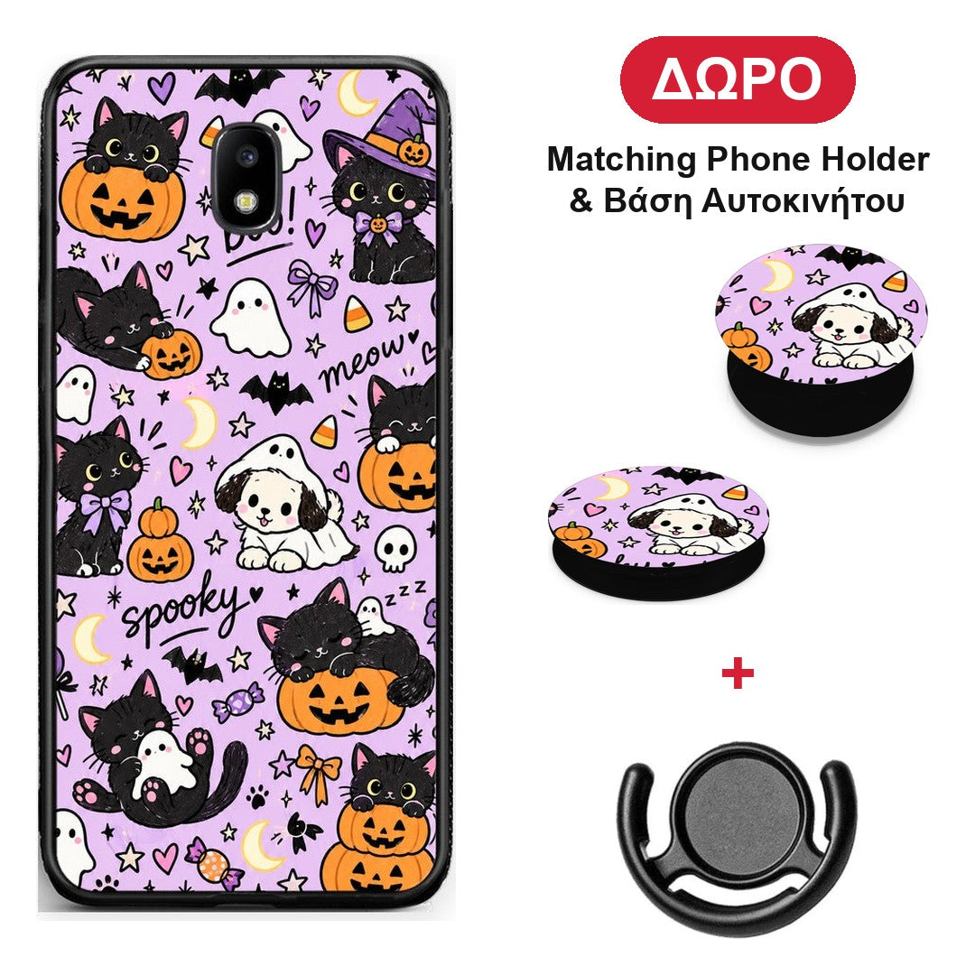 Halloween Black Cats on Lilac - Samsung Galaxy J5 2017 θήκη + Δώρο Phone Holder & Βάση Αυτοκινήτου
