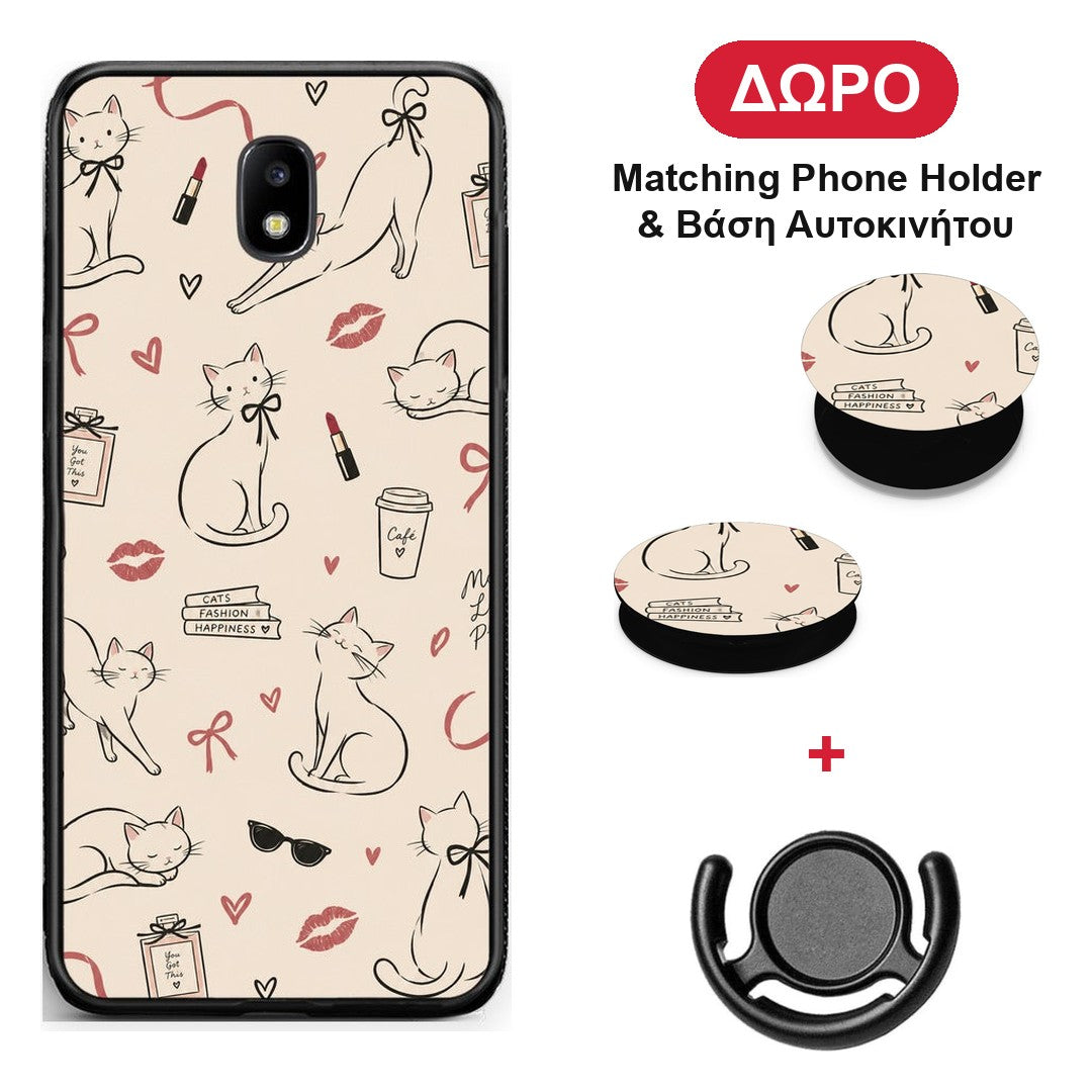 Minimal Cat and Fashion Doodles on Cream - Samsung Galaxy J5 2017 θήκη + Δώρο Phone Holder & Βάση Αυτοκινήτου
